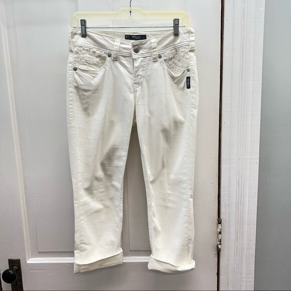 Silver Suki white denim jeans thick stitch capri capris crochet lace 26 - Picture 1 of 9